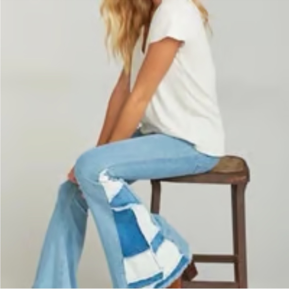 Light Blue Patchwork Flare Jeans - Women's